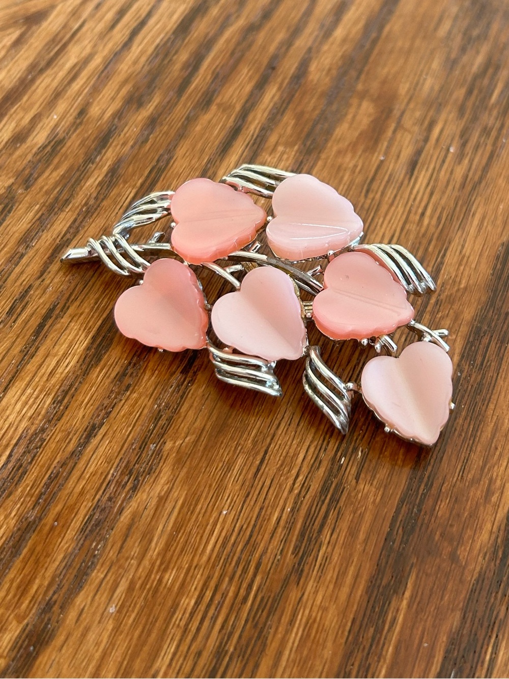 VTG Coro Pink Moonglow Lucite Thermoset Heart Leaf Pin Brooch